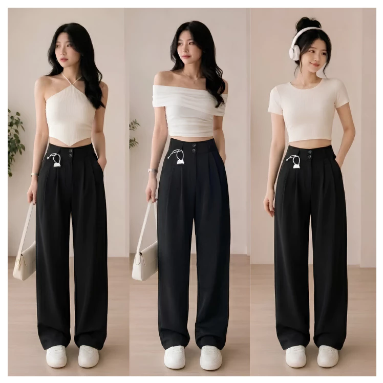 Quần tây nữ ống suông rộng lưng thun vải tuyết mưa bigsize 55-90kg, quần tây nữ bigsize Ms327