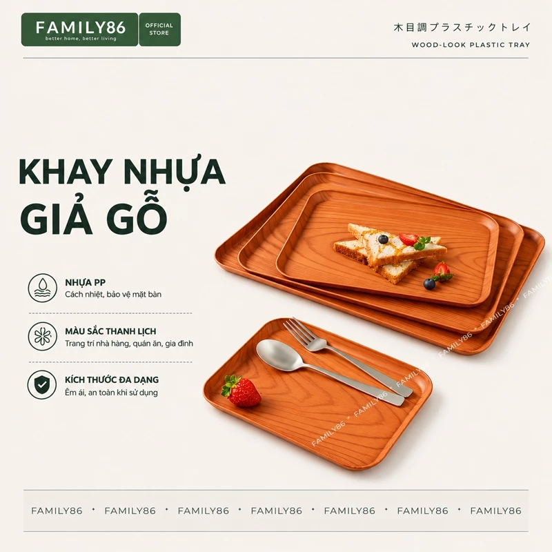 Khay Nhựa Chữ Nhật, Khay Nhựa Giả Gỗ Đựng Đồ Ăn Decor Chụp Ảnh, Khay Bê Đồ Quán Cafe Nhà Hàng