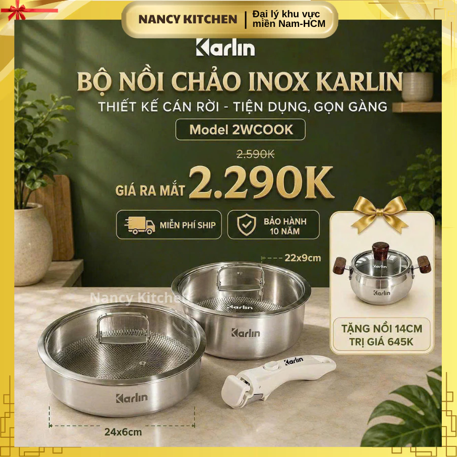 [Chính Hãng] Bộ Nồi Chảo 2WCOOK Karlin Inox 316 Cao Cấp Đáy 5 Lớp Kèm Nắp Kính Dùng Bếp Từ-Gas-Điện