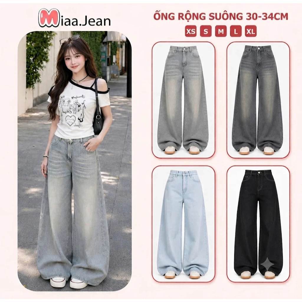 Quần jean bò ống rộng suông xuông nữ jeans cạp cao phong cách style ms08