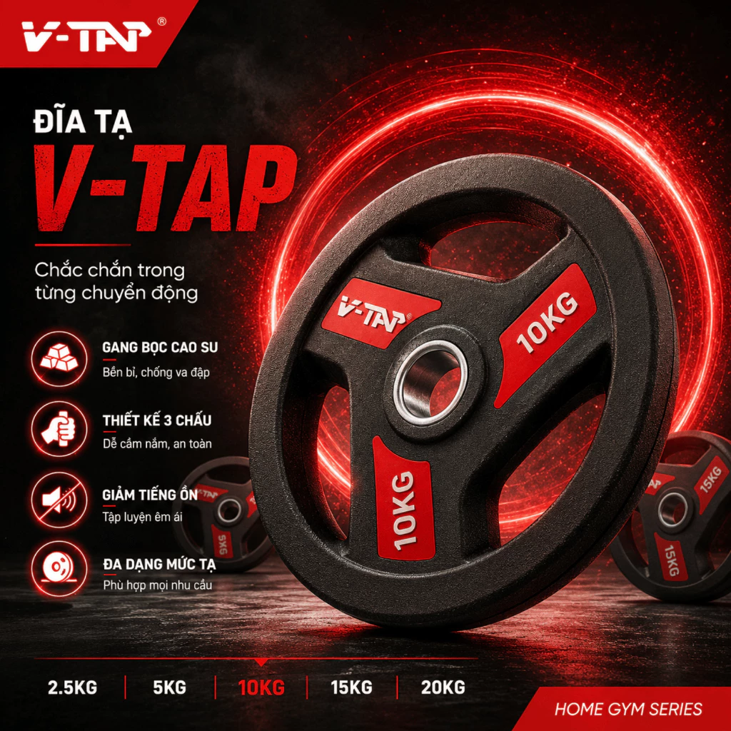 Tạ đĩa phi 50mm gang bọc cao su 2,5kg - 5kg - 10kg/ 1 chiếc V-TAP