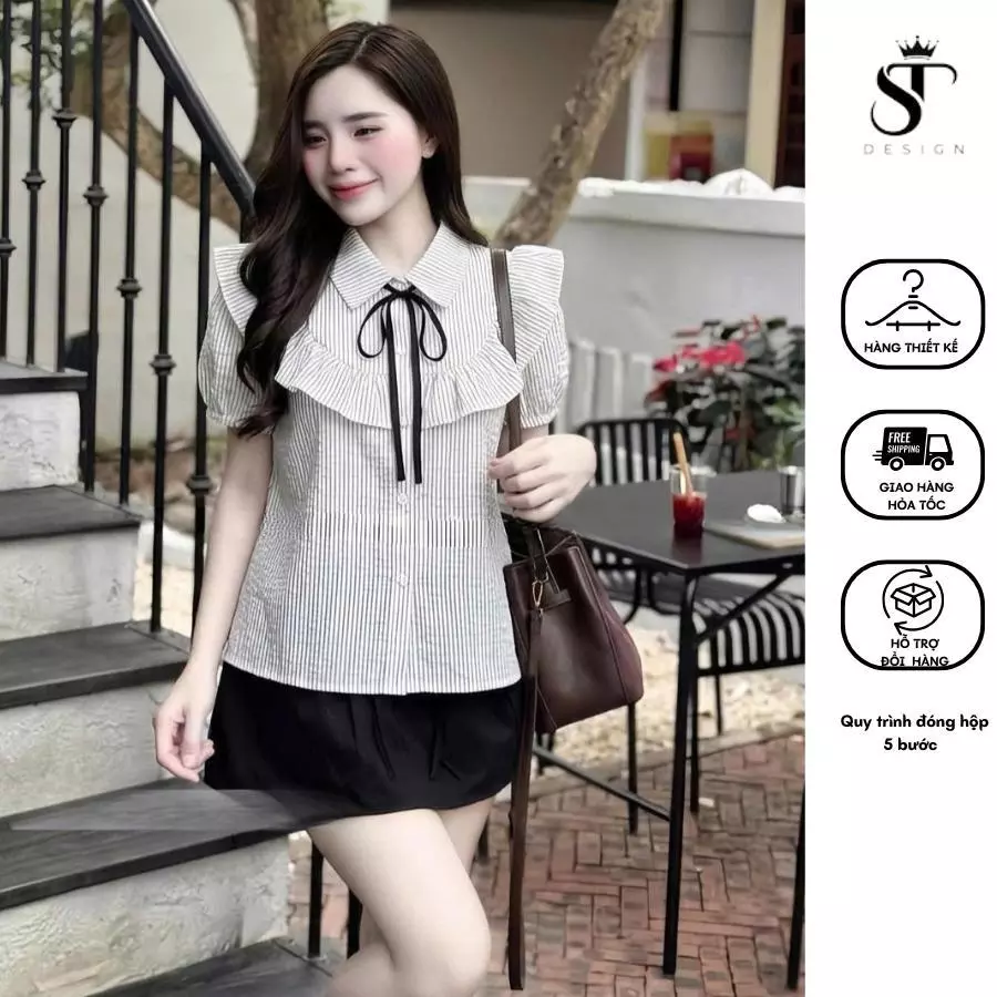 Áo sơ mi kẻ trend thiết kế phối viền bèo tặng kèm nơ cổ - ST Design - k93