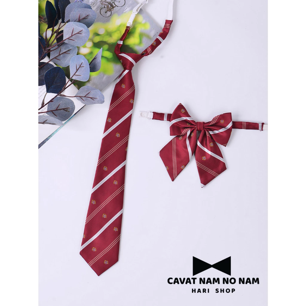 Cavat nữ JK, cà vạt thắt sẵn đỏ kẻ vương miện đẹp