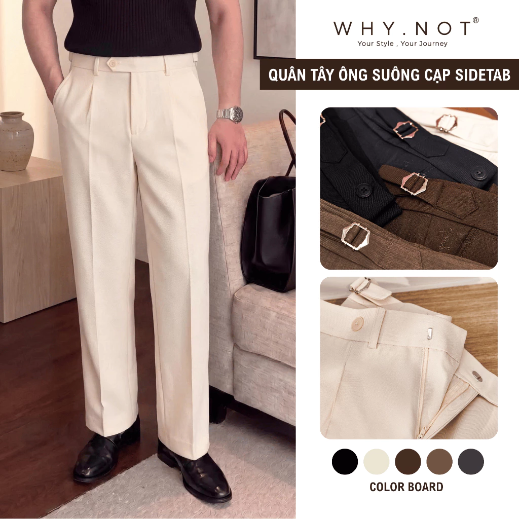 Quần Tây Nam Ống Suông Cạp Sidetab May Cố Định Li Thân Trước Màu Be Kem- Quần Âu Nam WHYNOT Ống Rộng