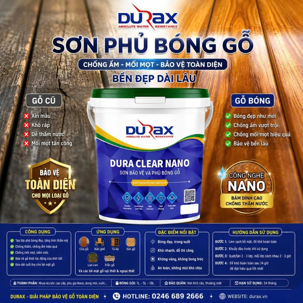 Sơn Phủ Bóng Làm Mới Gỗ TAIKO | Kháng Nước, Không Mùi, Bảo Vệ Gỗ, An Toàn Môi Trường