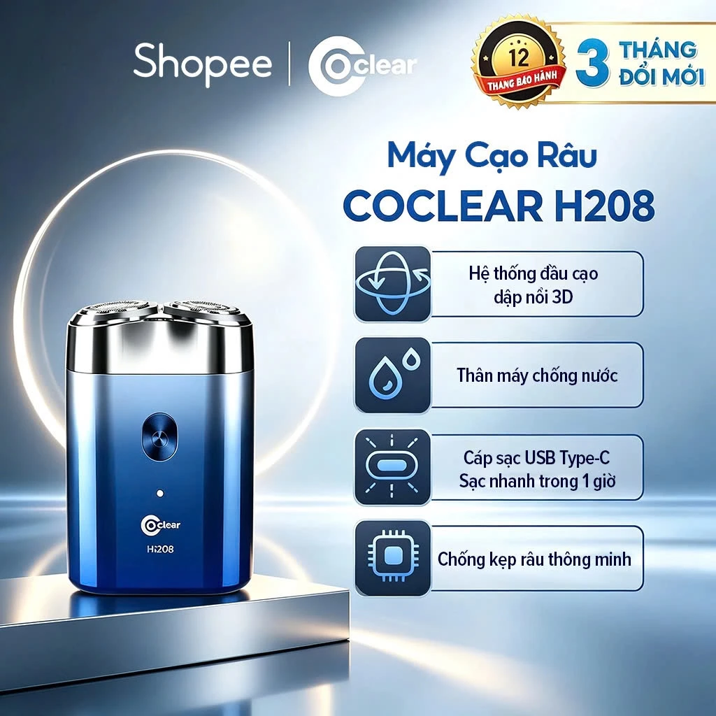 (LIVE-MCN) máy cạo râu điện coclear HS208, Lưới dao kép 3D, sạc qua type-C, cạo ướt hay khô điều được, bảo hành 1 năm