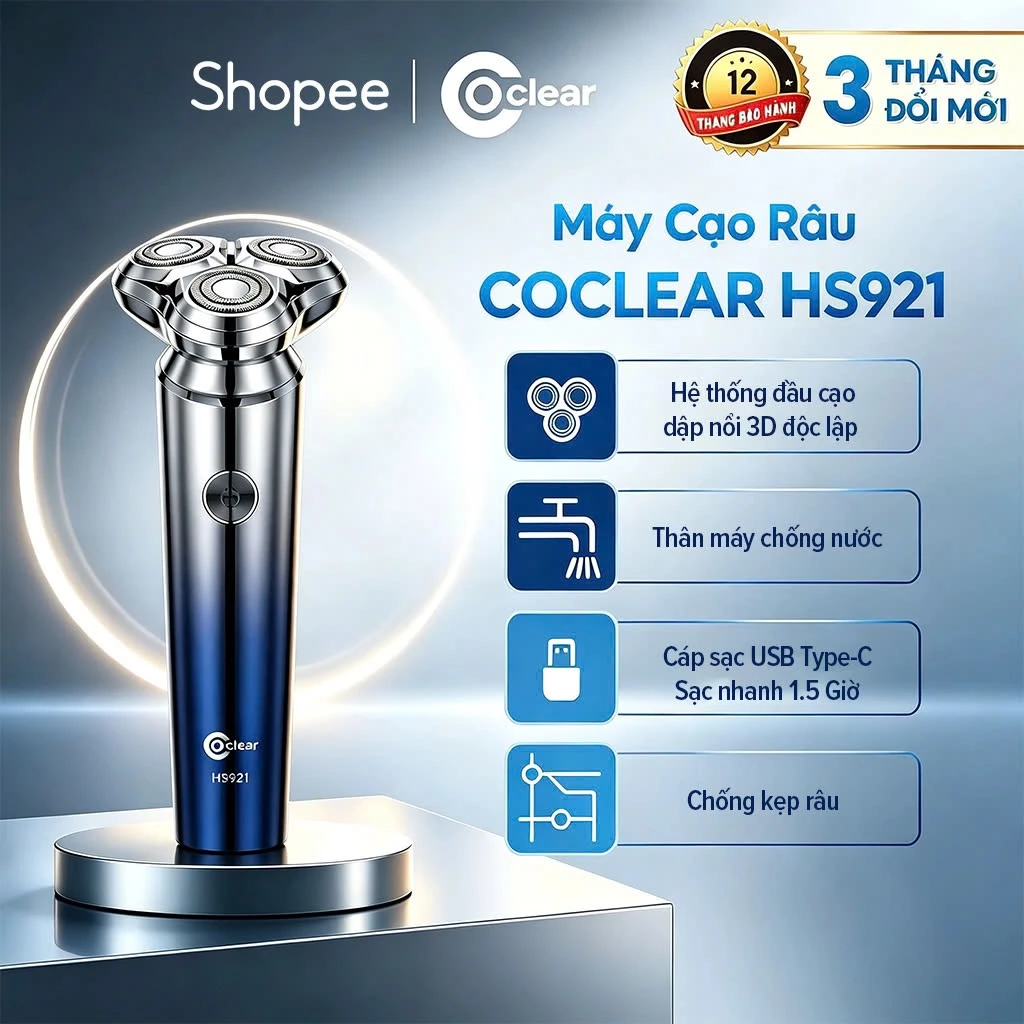 (LIVE-MCN) máy cạo râu điện Coclear HS921   Lưới dao kép 3D, sạc nhanh USB/type-C, cạo khô hoặc ướt đều được