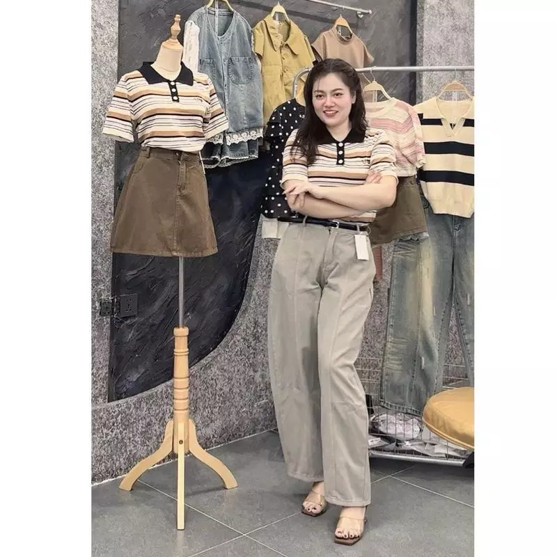 2108 BIGGSIZE Quần baggy kaki nữ cạp cao phối viền dọc túi nắp sau