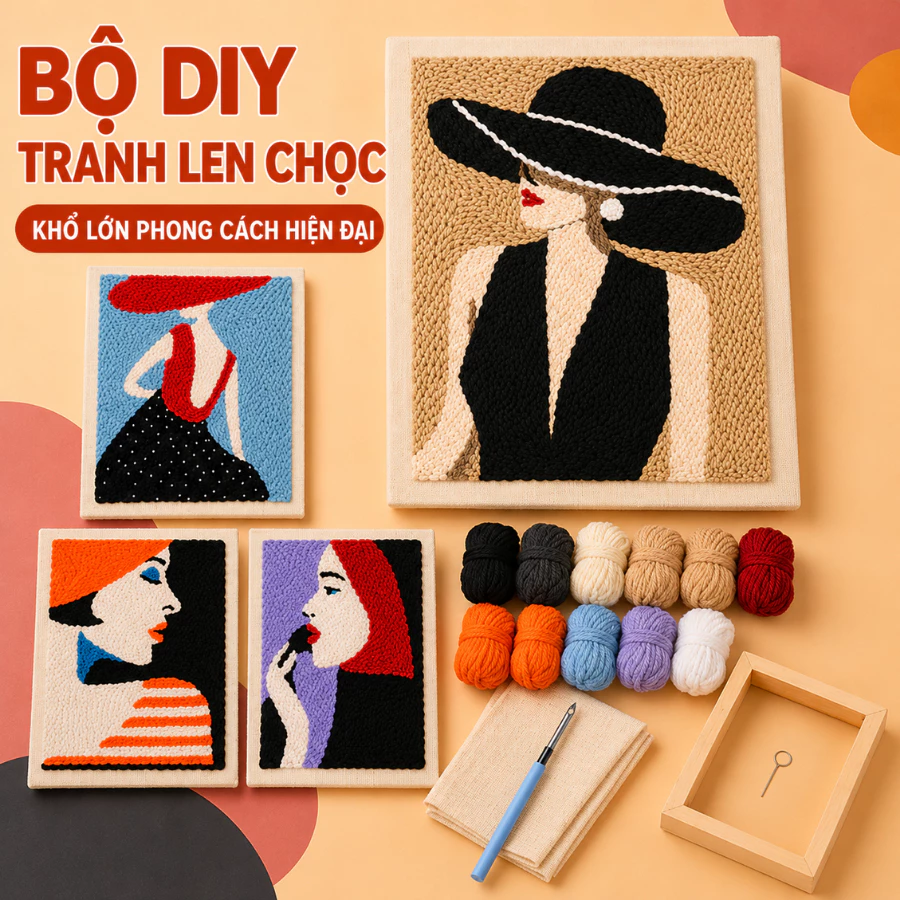 Bộ Thêu Len Xù Nổi Punch Needle LYLYCRAFT, Bộ KIT Dụng Cụ Thêu Tranh, Set Thêu Tranh Len