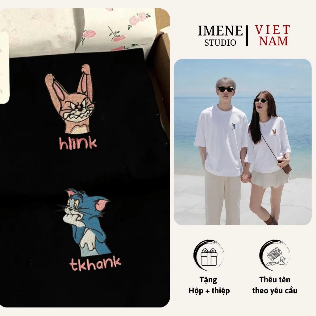 Áo thun THÊU theo yêu cầu, áo phông cặp đôi, áo phông nữ form rộng tay lỡ unisex thêu TOM & JERRY (IM13)