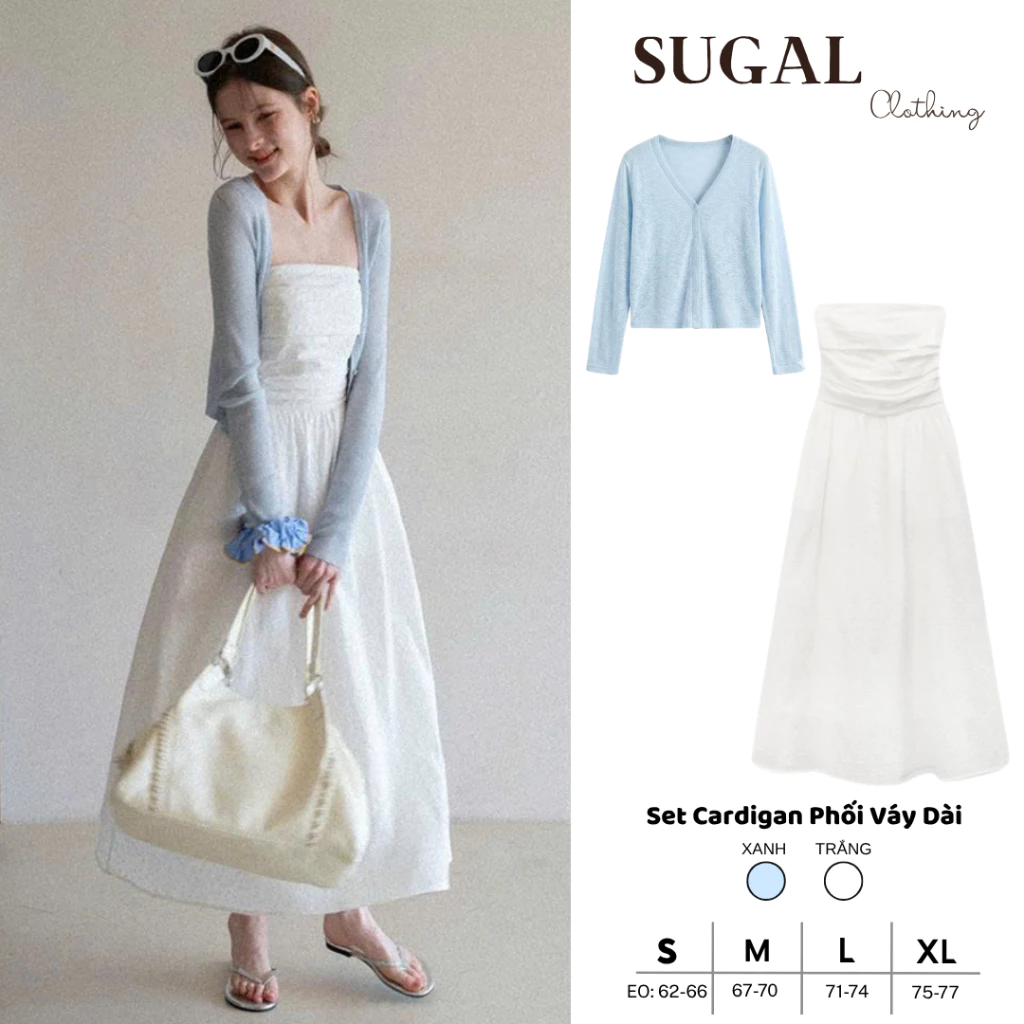 SUGAL - Set Áo Cardigan FORM NGẮN Basic Phối Váy Trắng Dài Cúp Ngực Tôn Dáng - Phong Cách Hàn Quốc | TOP 323 + VAY 064