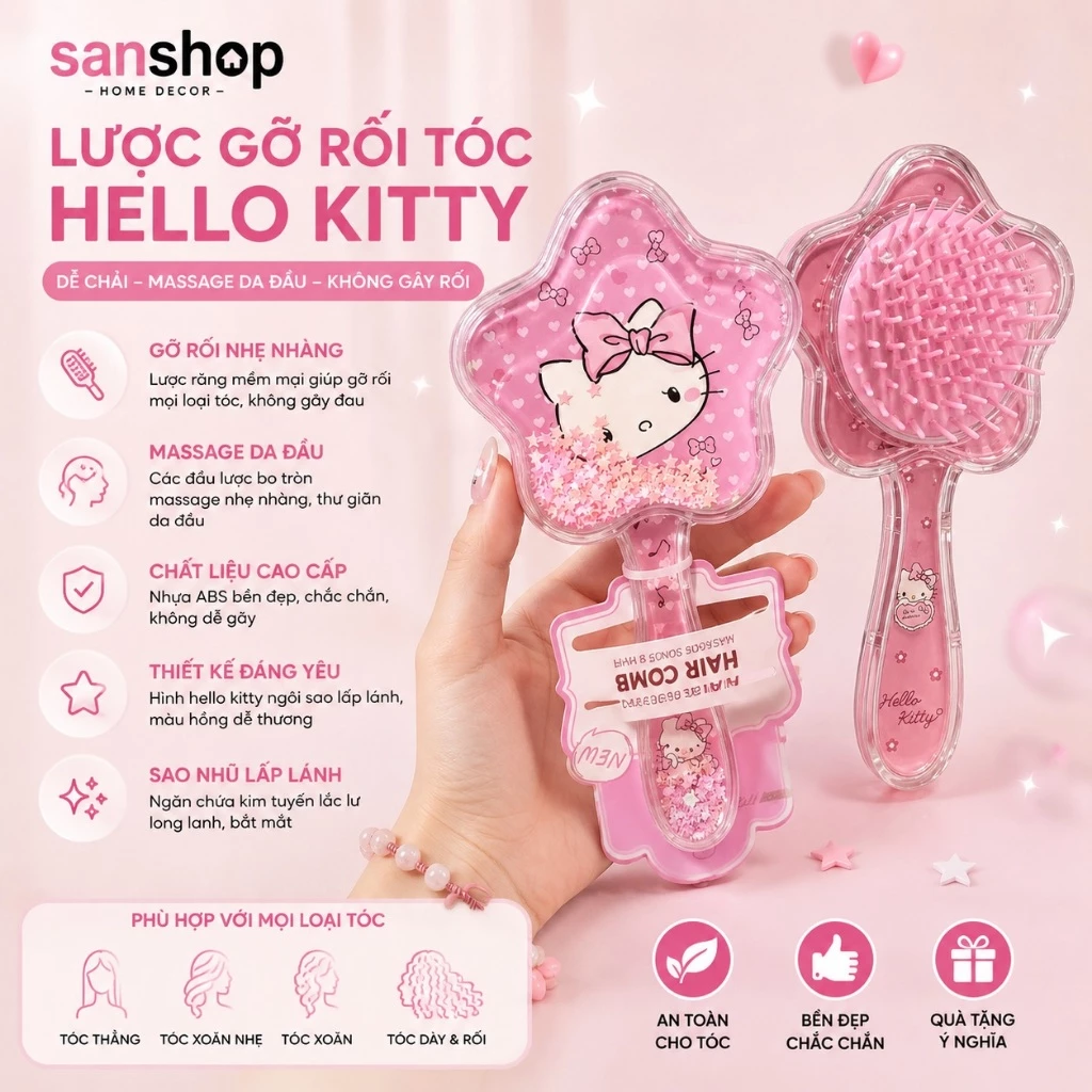 Lược Gỡ Rối Tóc Hello Kitty Màu Hồng Sao Nhũ Lấp Lánh Đáng Yêu Sanshop