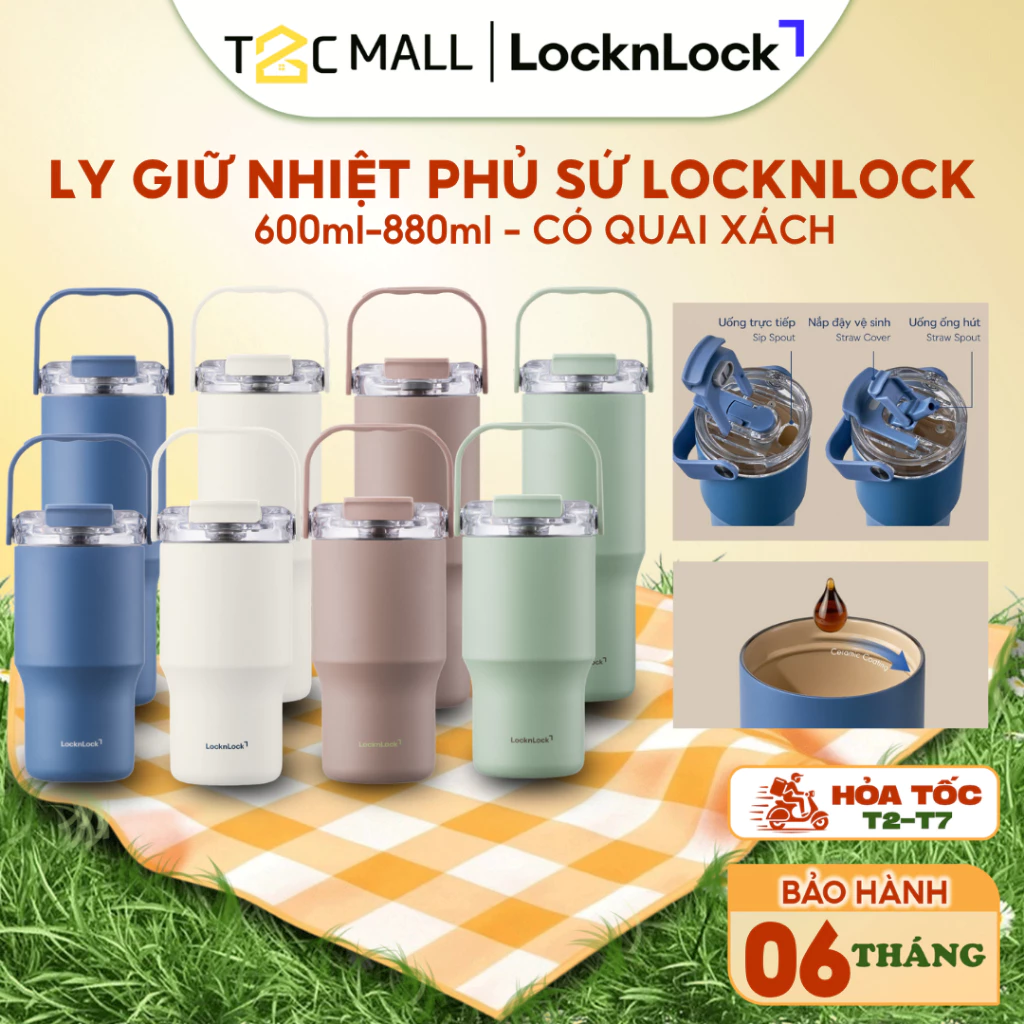 Bình giữ nhiệt LocknLock phủ sứ Straw & Sip Ceramic Tumbler LHC4430 600ml / LHC4431 880ml kèm ống hút-T2CMALL