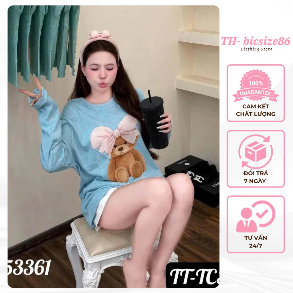 Áo thun mặt gấu dài tay màu xanh hottrend 2026 chất cotton mềm mịn phù hợp mùa thu đông