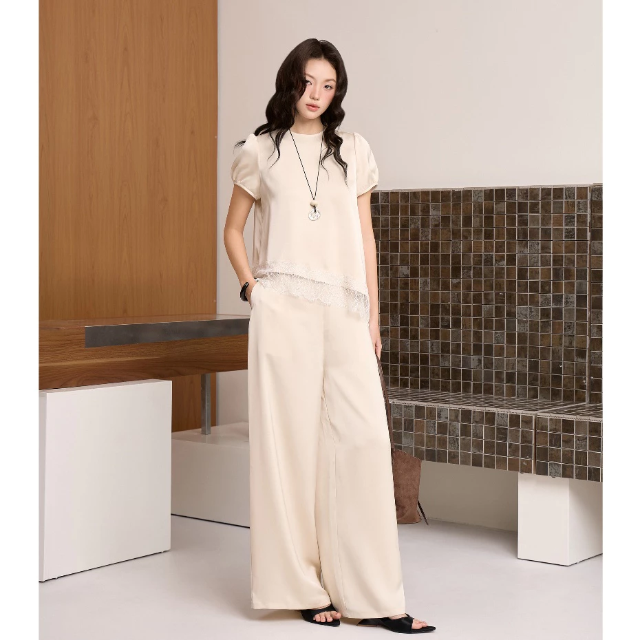 Set bộ lụa nữ THE C.I.U, áo kiểu ngắn tay vạt lệch phối ren & quần lụa dài - Leonor Top & Clay Pants