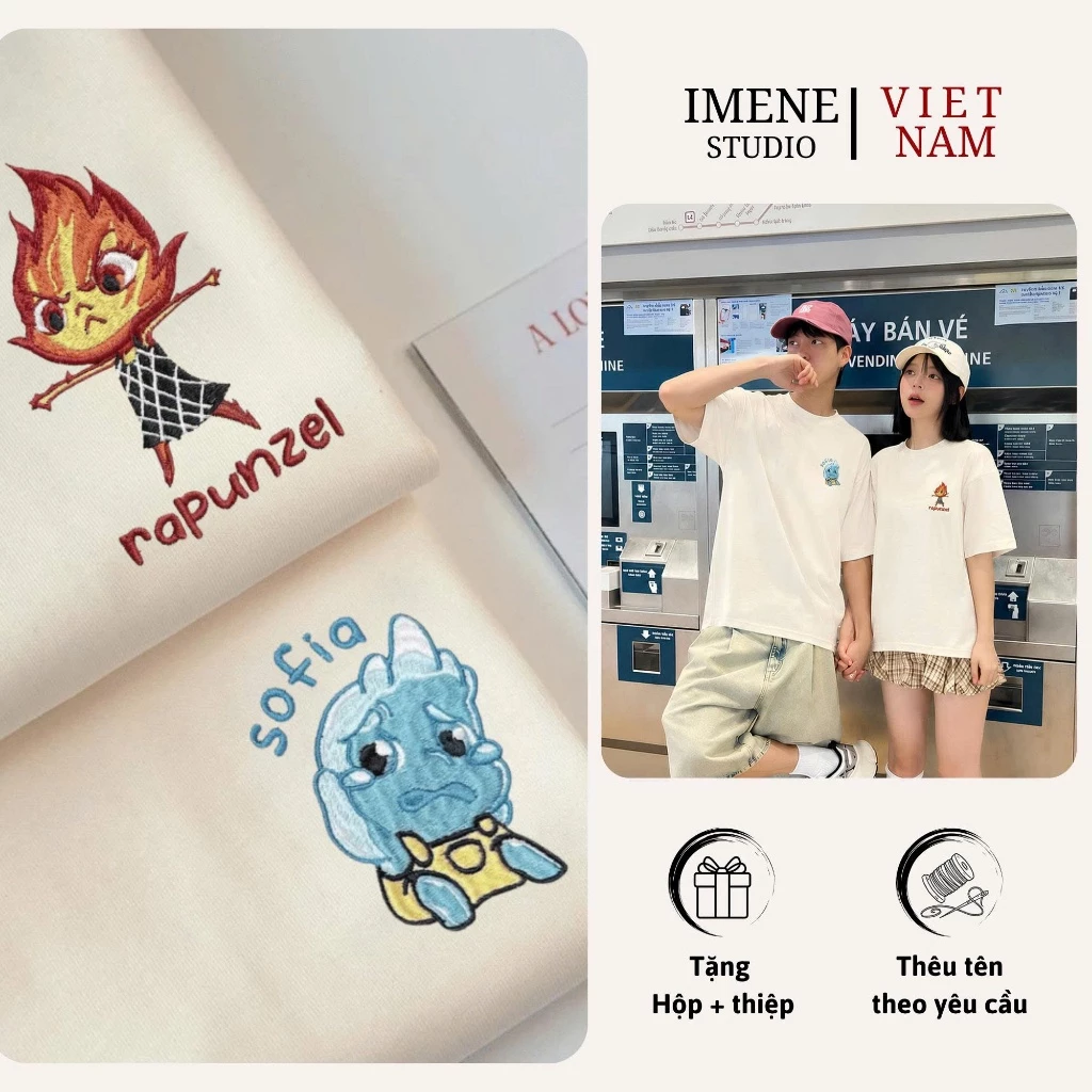 Áo thun THÊU theo yêu cầu, áo phông cặp đôi nam nữ, áo phông nữ form rộng Local Brand tay lỡ thêu NƯỚC LỬA V2 (IM19)