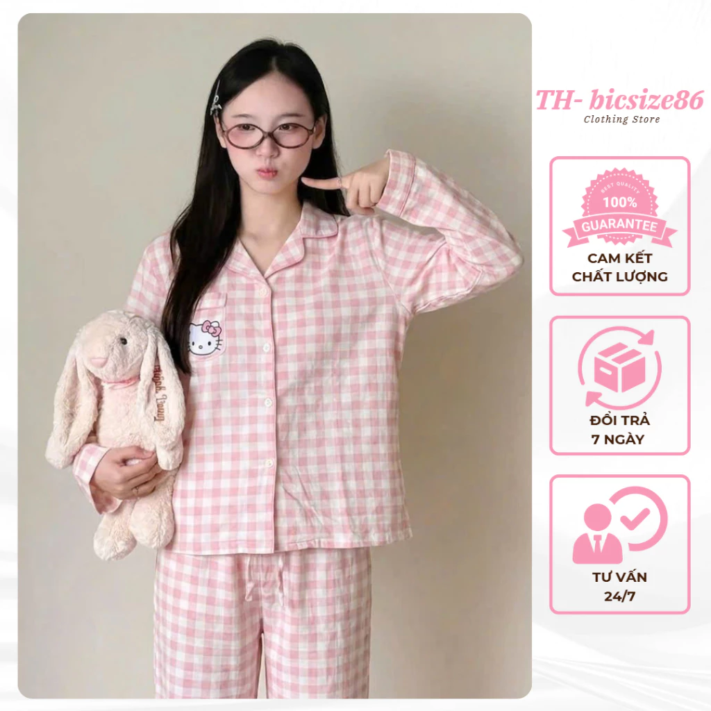 Bộ ngủ pyjama dài tay cho nữ kẻ caro hồng in mèo hello kitty form i 65kg