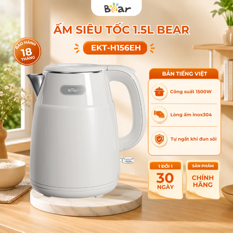Ấm siêu tốc 1.5L Bear EKT-H156EH, 1500W, Đun siêu tốc lõi inox, Công tắc tự ngắt, Bảo Hành 18 Tháng