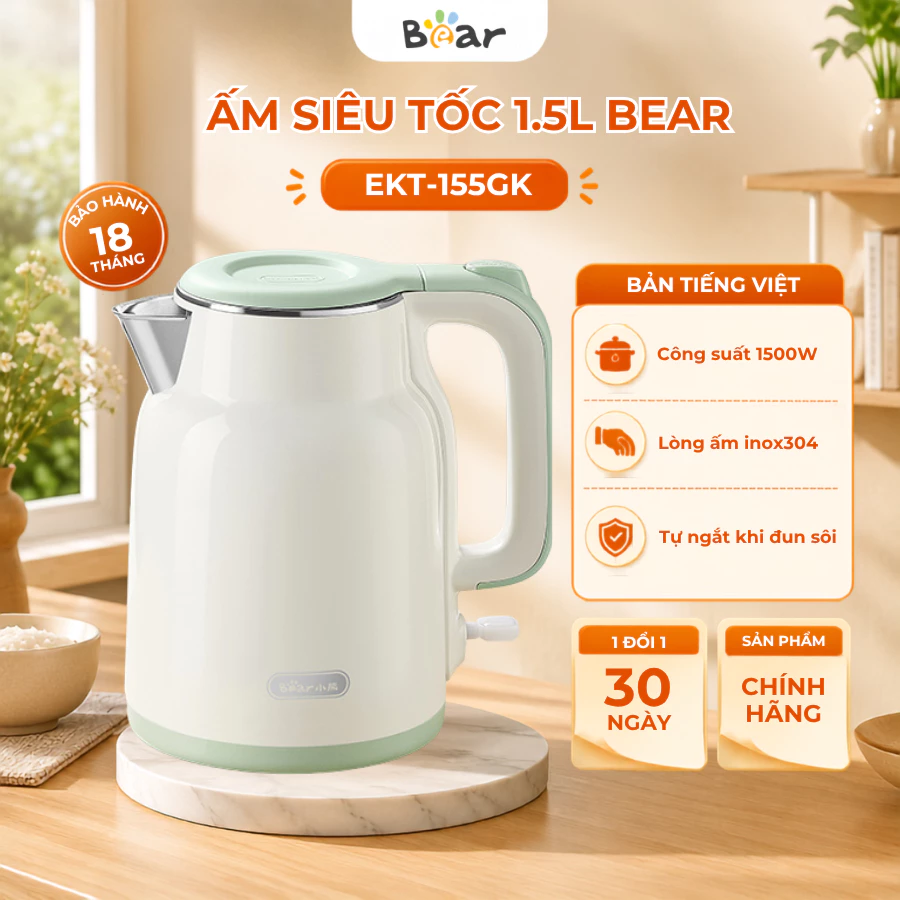 Ấm siêu tốc 1.5L Bear EKT-155GK,1500W, Đun nước lõi inox công nghệ làm nóng nhanh, Bảo Hành 18 Tháng