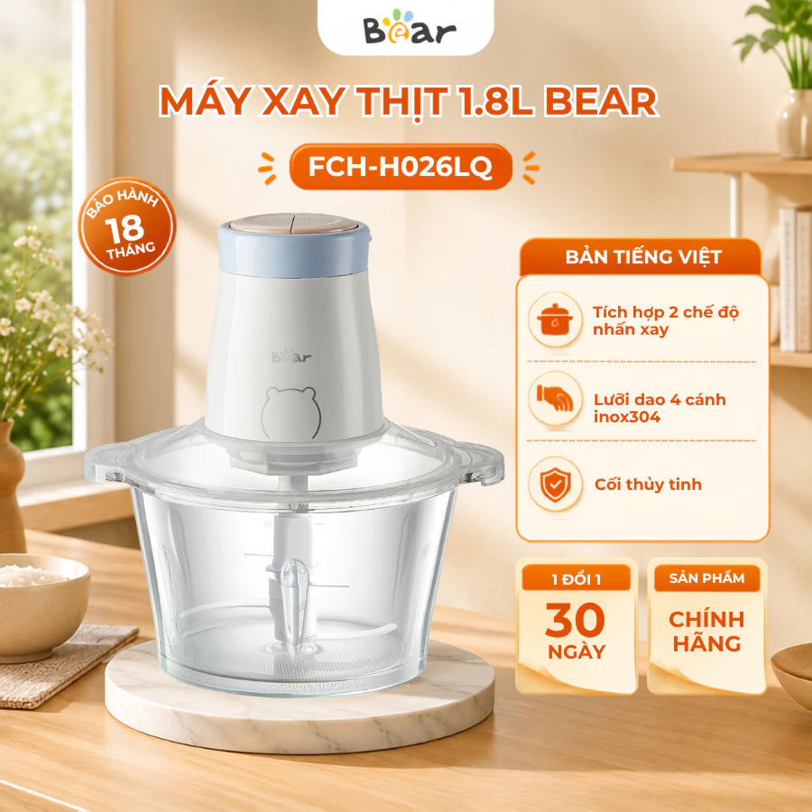 Máy Xay Thịt Đa Năng 1.8L Bear FCH-H026LQ, 300W, Cối Thủy Tinh Xay Rau Củ Sinh Tố Nhuyễn,BH 18 Tháng