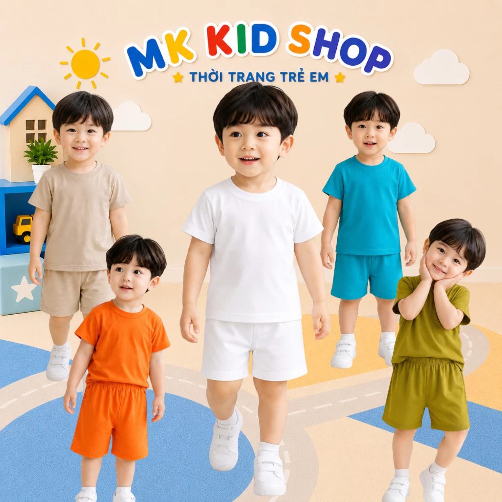 Bộ Cộc tay MK KID Cho Bé Trai Bé Gái 9-30kg , Bộ Quần Áo Ngắn tay Trơn Chất thun lạnh mềm mịn mát