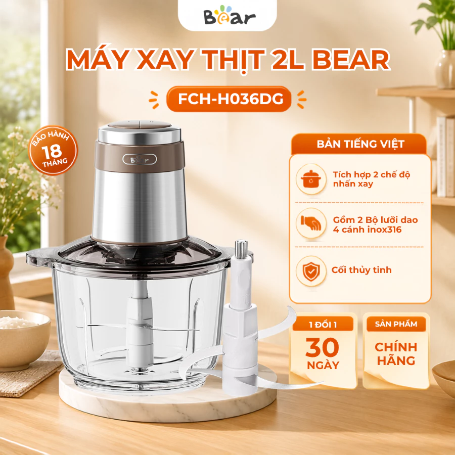Máy xay thịt đa năng Bear FCH-H036DG, 2L, 300W, Chuyên xay cá, hành, tỏi,xả,ớt, rau củ, đá, BH 18th