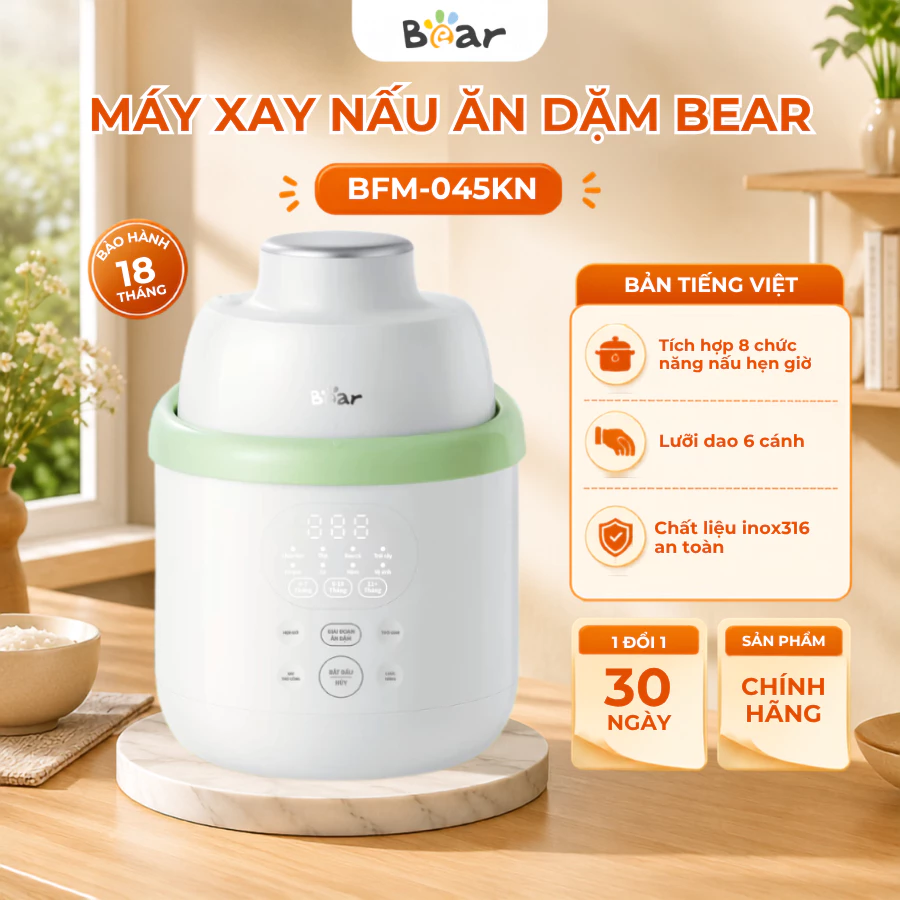 Máy Xay Nấu Đa Năng Cho Bé 0.35L Bear BFM-045KN, 6 Lưỡi Inox316,350W, Xay Nấu Nhuyễn Thức Ăn,BH 18Th