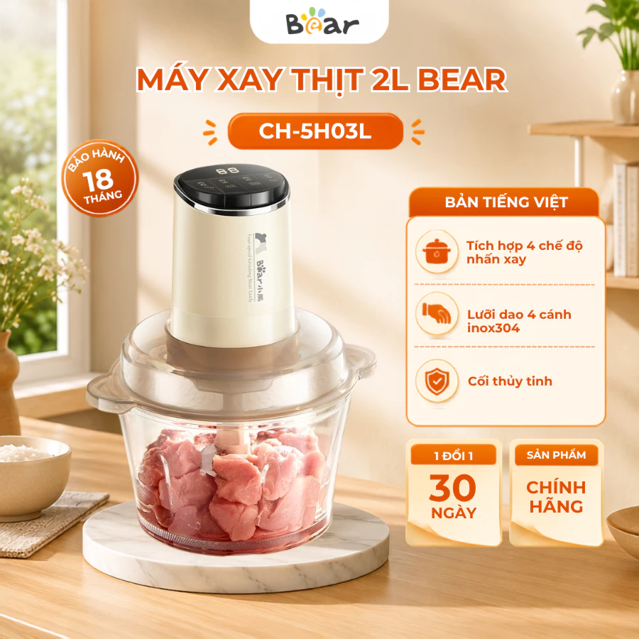Máy xay thịt 1.8L đa năng Bear CH-5H03L, 300W, xay tỏi ớt, thịt cá tôm rau củ, hoa quả, BH 18 tháng