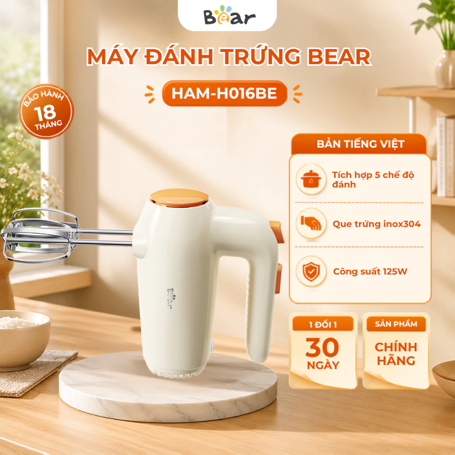 Máy Đánh Trứng Kem Cầm Tay Mini Bear HAM-H016BE,Công Suất 125W, 5 Chế Độ Đánh, Bảo Hành 18 Tháng