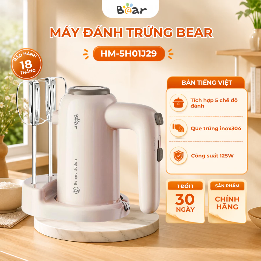Máy đánh trứng cầm tay mini Bear HM-5H01J29, Công suất 125W,5 Chế độ đánh kem lỏng,trứng,BH 18 Tháng