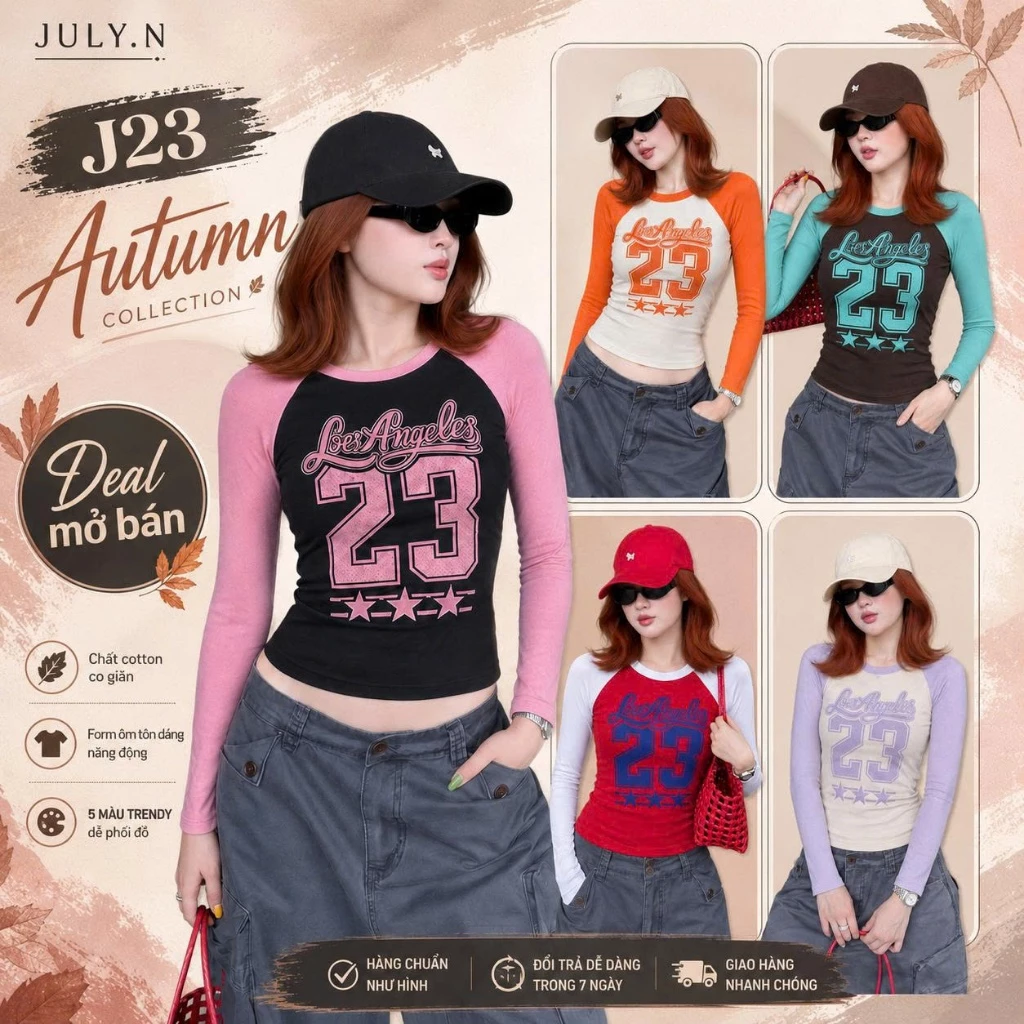 Áo Thun Nữ Ôm Body July.N Tay Dài Raglan Cổ Tròn In Chữ LOS ANGELES 23 - Co Giãn Mềm Mịn