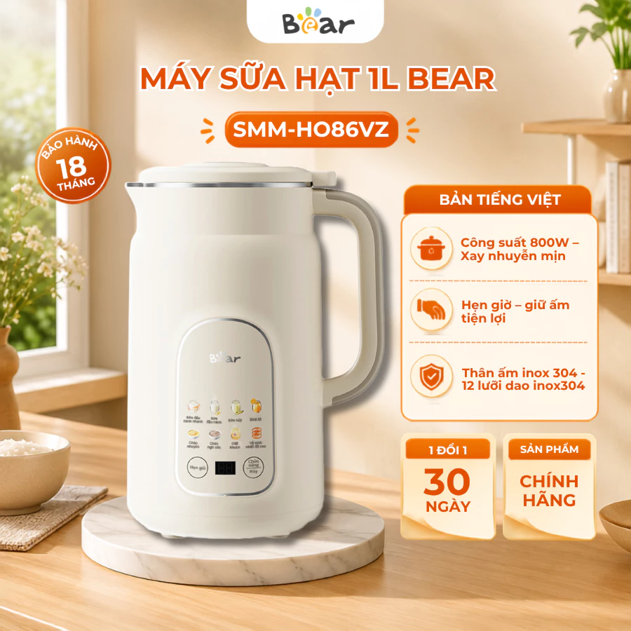 Máy làm sữa hạt đa năng 1L Bear SMM-HO86VZ, 800W, 12 Lưỡi inox, Hẹn giờ,8 Chế độ nấu, BH 18 Tháng