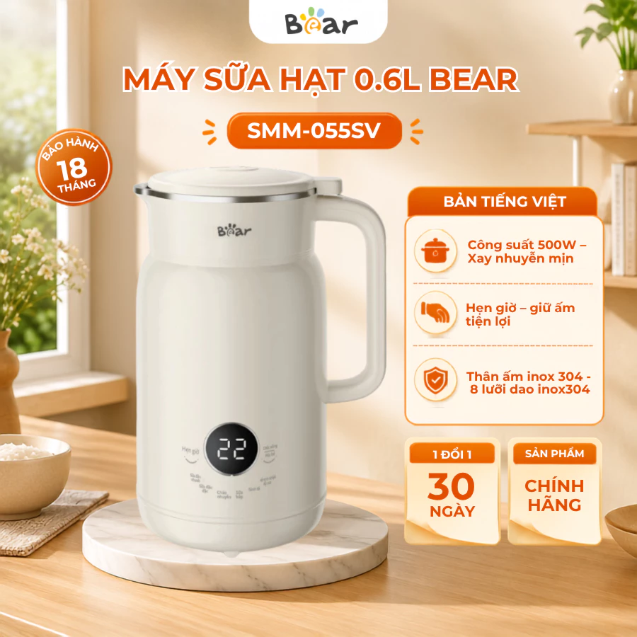 Máy làm sữa hạt 0.6L đa năng Bear SMM-055SV, 500W, 8 Lưỡi inox304, xay sinh tố, Bảo Hành 18 Tháng