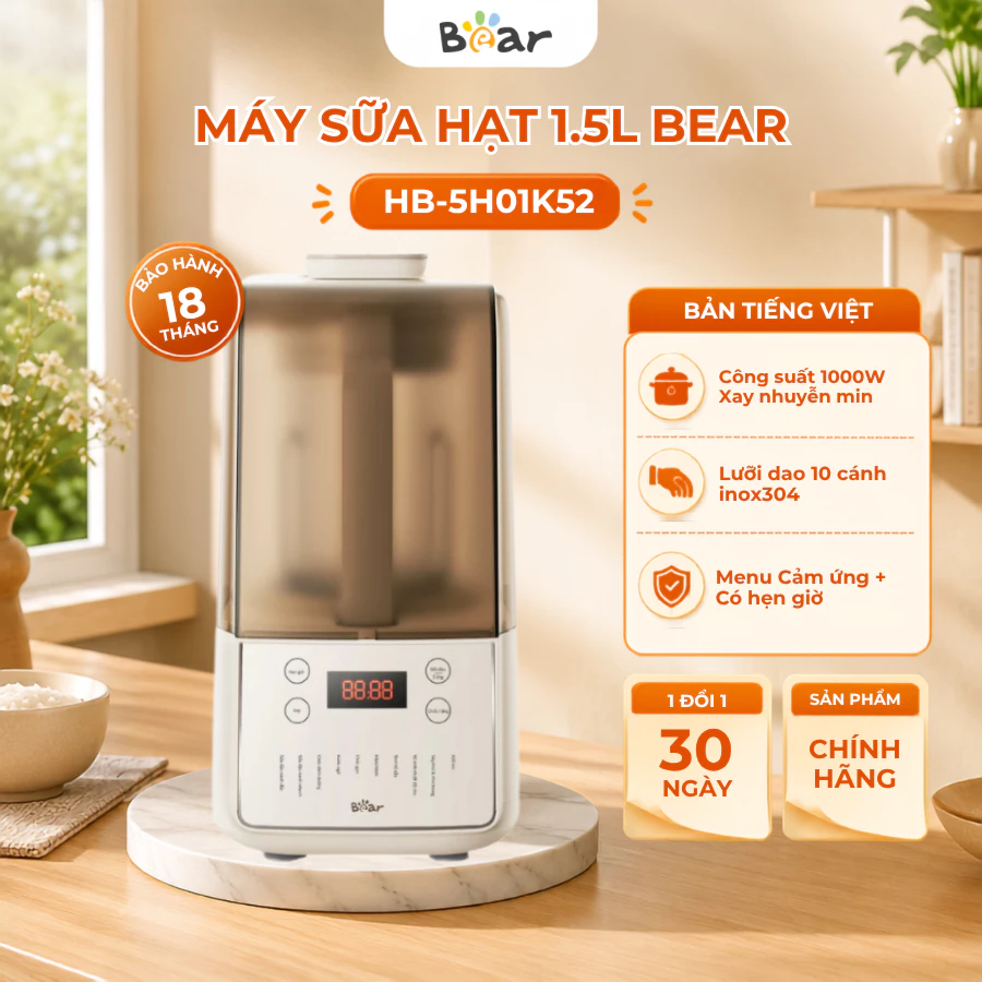 Máy làm sữa hạt 1.5L đa năng Bear HB-5H01K52, 1000W, 10 Chế độ nấu, Xay Sinh Tố, Bảo Hành 18 Tháng