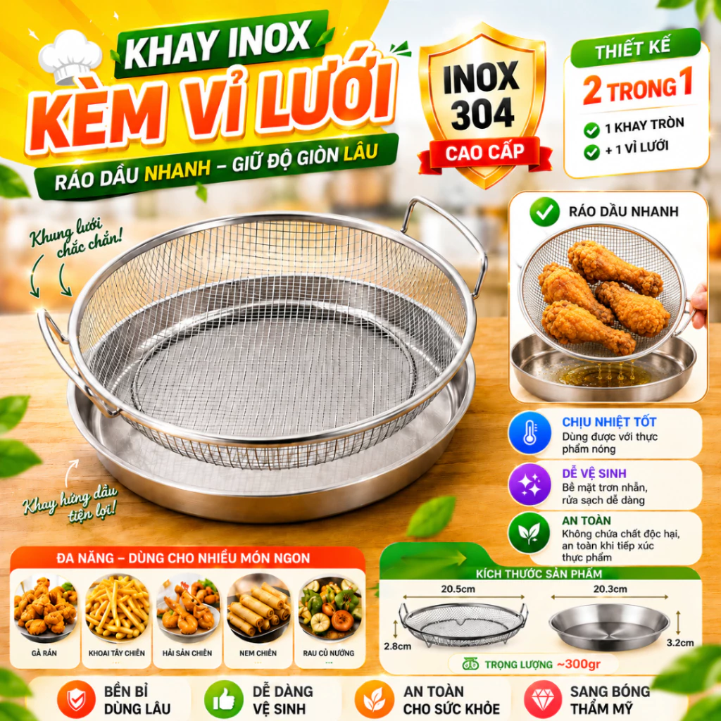 Khay Inox 304 Kèm Vỉ Lưới Cao Cấp Khay Ráo Dầu, Lọc Dầu Chiên, Rán, Hấp Thực Phẩm METIS, Combo Đa Năng Dễ Vệ Sinh