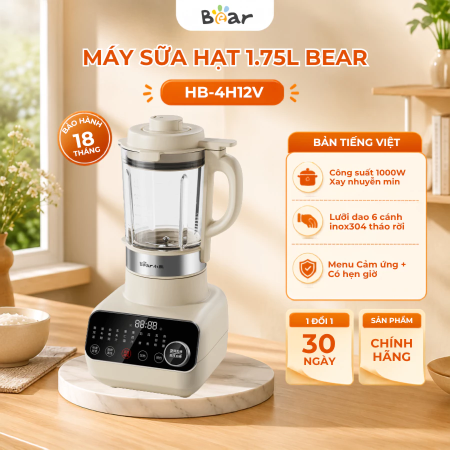 Máy Làm Sữa Hạt 1.75L Đa Năng Bear HB-4H12V, 1200W, Xay Sinh Tố, Nấu Sữa Ngũ Cốc Nhuyễn Mịn, BH 18Th