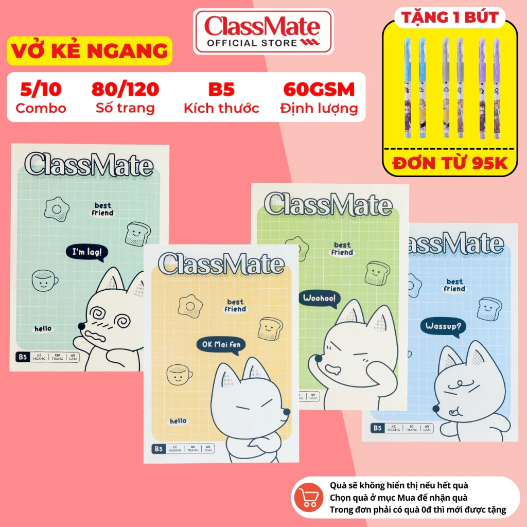 [95K Tặg Bút] Combo 5/10 Vở Kẻ Ngang Tiếu Cáo ClassMate Giấy Mịn Ăn Mực, Bìa Chống Nước, Vở Viết B5, 80/120 Trang, 60gsm