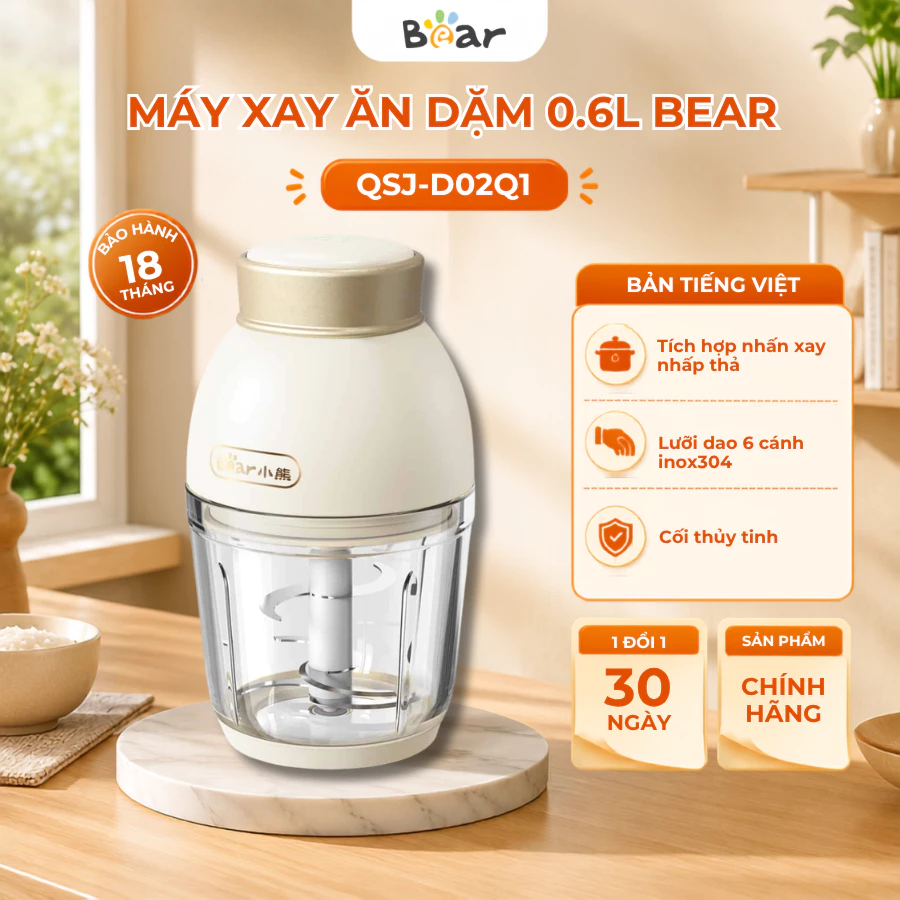 Máy xay ăn dặm mini 0.6L Bear QSJ-D02Q1, 200W, xay cháo thịt, sinh tố, rau củ quả,Bảo Hành 18 Tháng