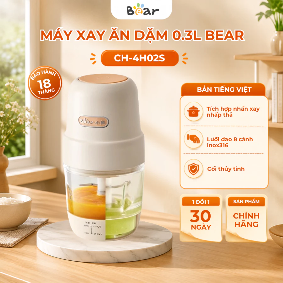 Máy xay ăn dặm cho bé 0.3L Bear CH-4H02S, 8 Lưỡi inox, xay sinh tố thịt rau củ quả chống ồn, BH 18T