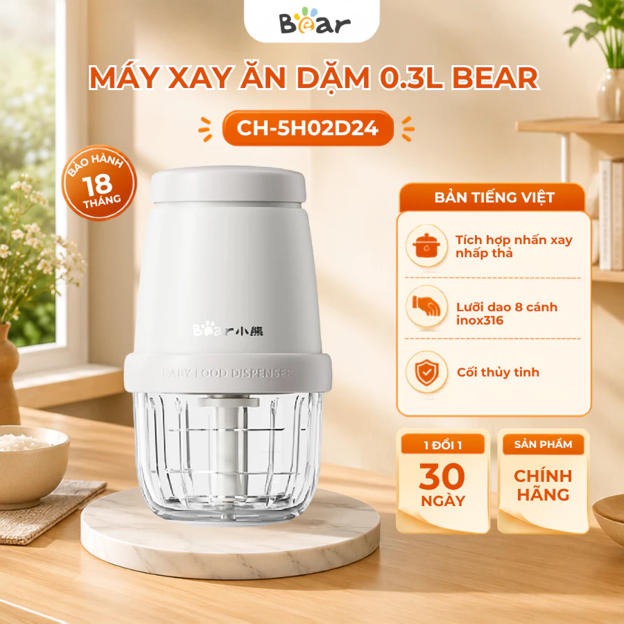Máy xay ăn dặm 0.3L cho bé Bear CH-5H02D24, 200W, Xay đa năng 8 lưỡi dao, cối thủy tinh,BH 18 tháng