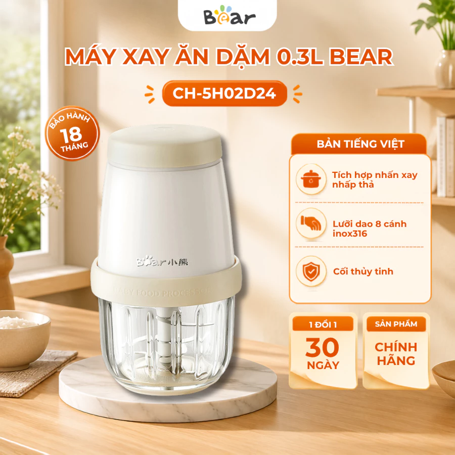 Máy xay ăn dặm cho bé 0.3L Bear CH-5H02D24, 200W, 8 Lưỡi dao inox316, Xay Cháo,Rau Củ, BH 18 Tháng