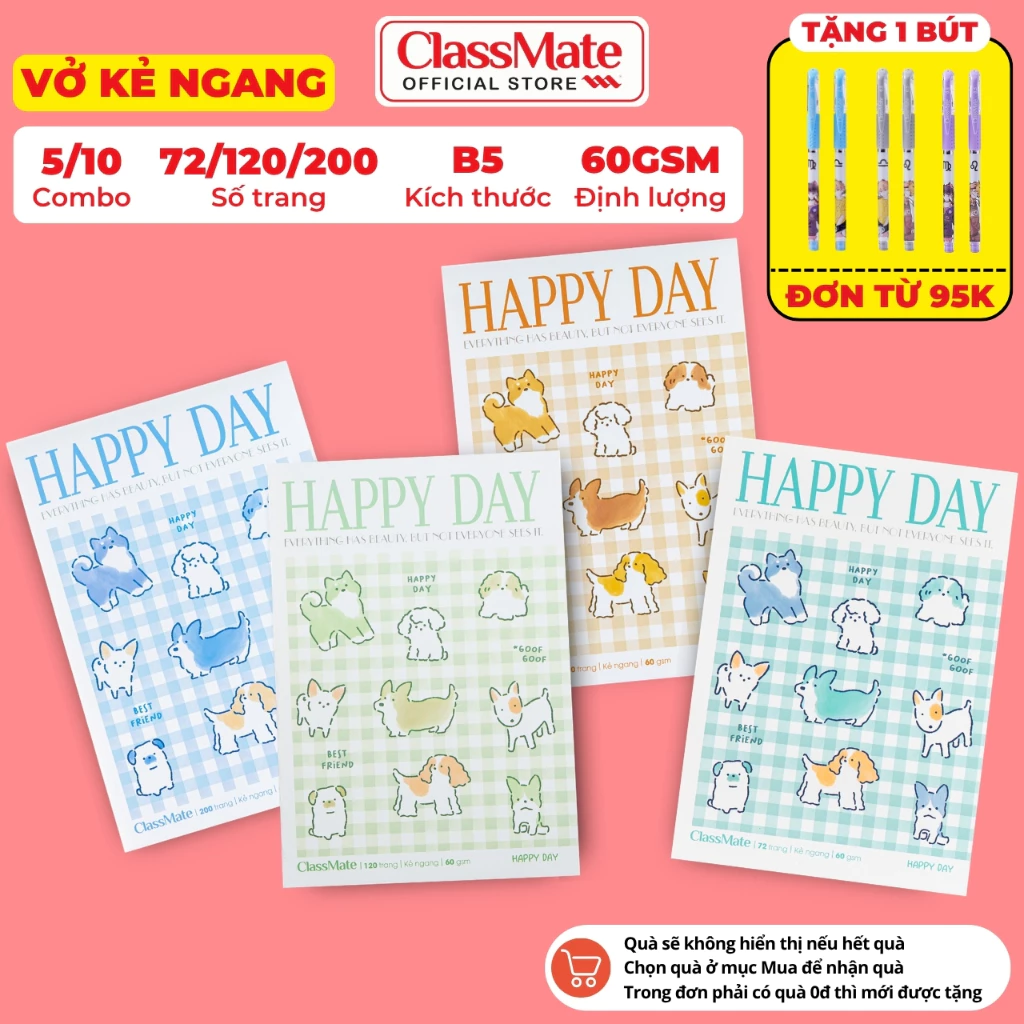 [BST 2026] Combo 5/10 Vở Kẻ Ngang Happy Day ClassMate Vở Viết B5 Giấy Mịn Ăn Mực, Bìa Chống Nước 72/120/200 Trang 60gsm