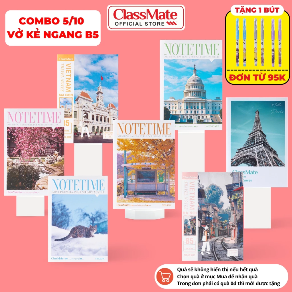 [Tặng Bút] Combo 5/10 Vở Kẻ Ngang Travel Note Classmate Bìa Chống Nước, Vở Viết 60-70gsm, B5, 80/120/200 Trang Ghi Chép