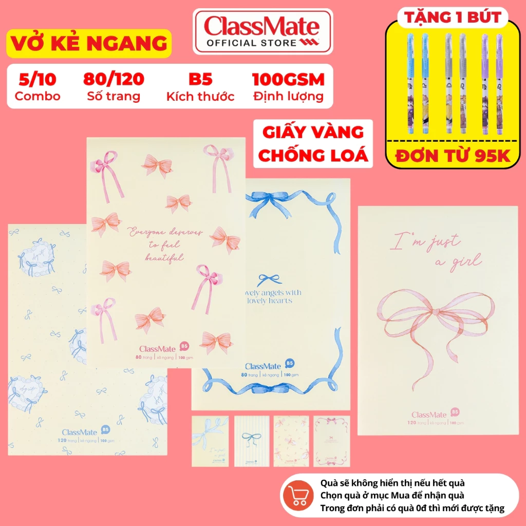[Tặng Bút] Combo 5/10 Vở Kẻ Ngang 100GSM Nơ ClassMate Giấy Vàng Chống Loá, Bìa Chống Nước, Vở Viết B5, Học Sinh Ghi Chép