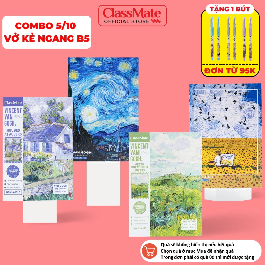 [Đơn 95K Tặg Bút] Combo 5/10 Vở Kẻ Ngang Van Gogh ClassMate Bìa Chống Nước Vở B5 80/120 Trang Quyển Vở 70gsm Vở Ghi Chép