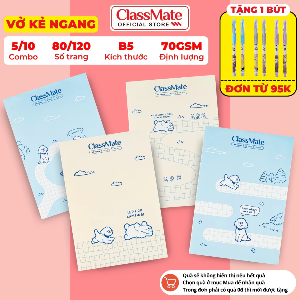 [Đơn 95K Tặg Bút] Combo 5/10 Vở Kẻ Ngang Lets Gau ClassMate Bìa Chống Nước, Giấy Ăn Mực, Vở B5, 70GSM, 80/120 Trang