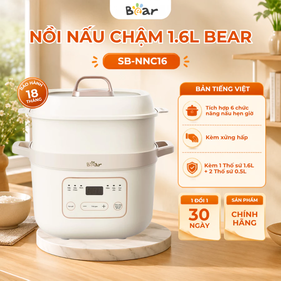 Nồi Nấu Cháo Chậm Cho Bé 1.6L Bear SB-NNC16, Kèm Lồng Hấp, 6 Chế Độ Nấu, Giữ Ấm, Bảo Hành 18 Tháng