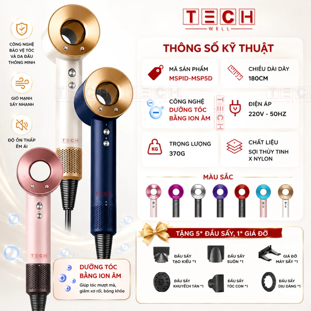 Máy Sấy Tóc ION Âm Công Suất Cao, Sấy Không Cánh 2 Chiều Nóng Lạnh, 3 Mức Gió Tặng Đầu Sấy Tạo Kiểu