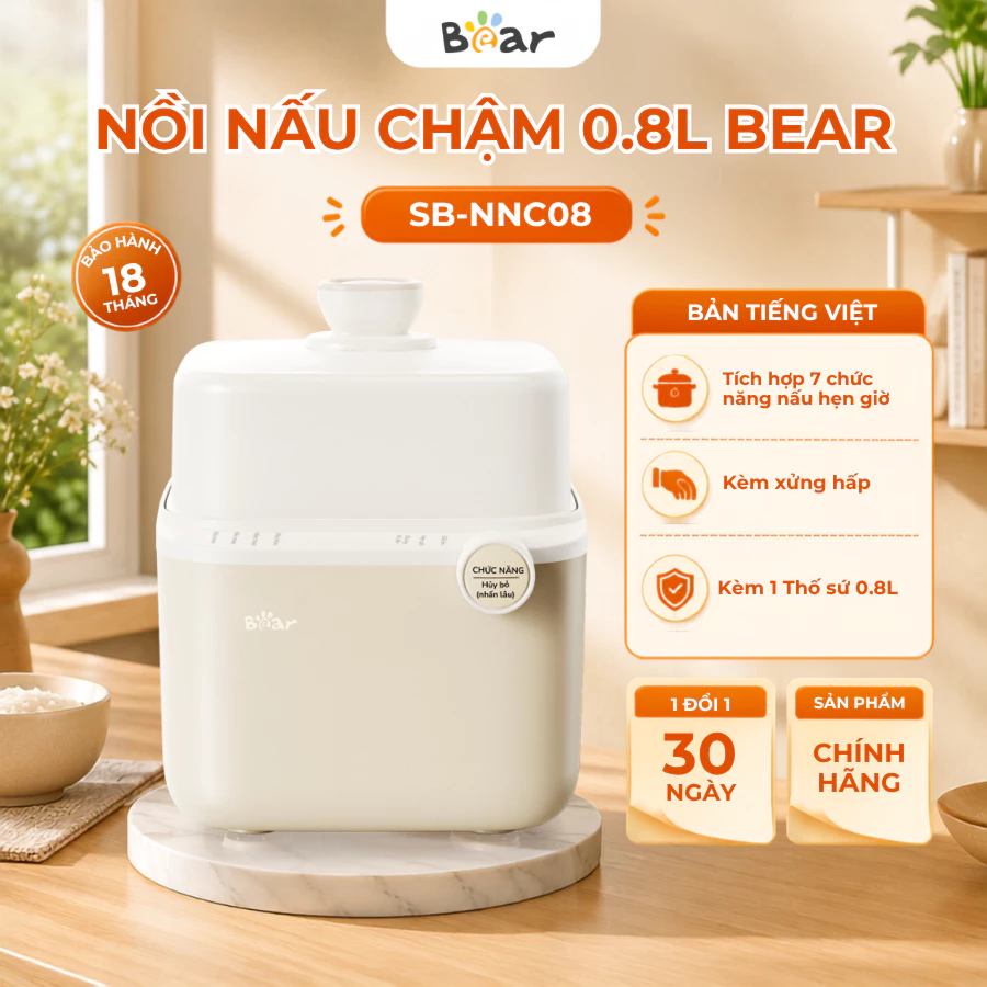 Nồi Nấu Cháo Chậm Đa Năng 0.8L Bear NNC08, 200W, 6 Chế Độ Nấu, Kèm lồng hấp, Giữ Nhiệt, BH 18 Tháng
