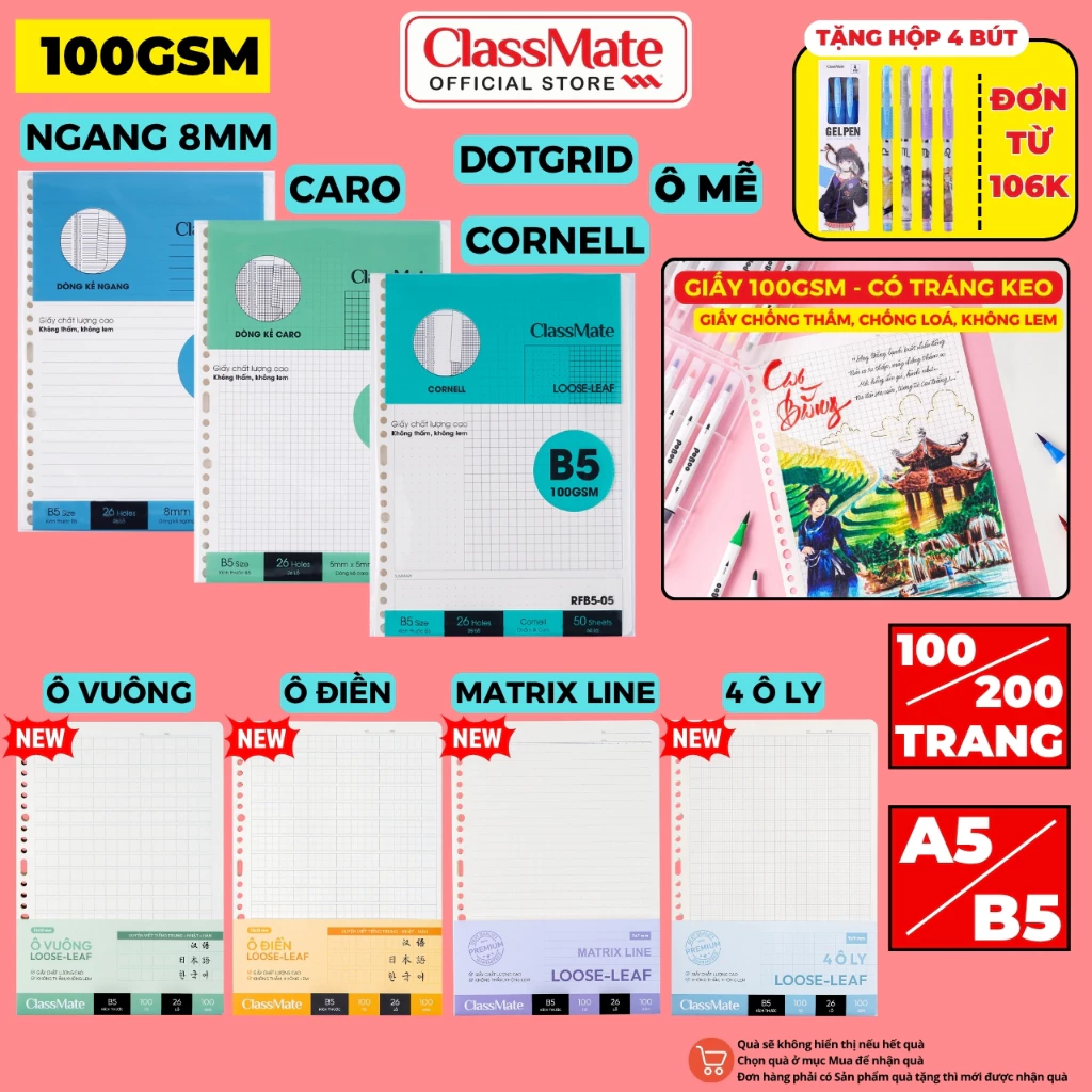[106K Tặg Hộp Bút Gel] 50/100 Tờ Giấy Refill Classmate 100GSM Có Tráng Keo, Kẻ Ngang, Caro, Ô Điền Ruột Sổ Còng A5 B5